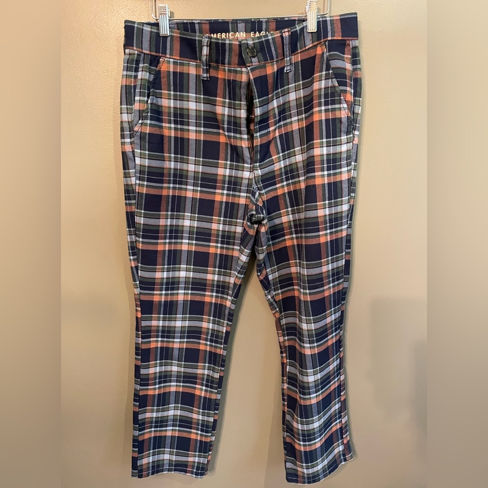 American Eagle navy blue plaid pants super high rise skinny trouser size 12